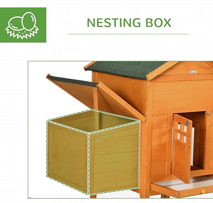PawHut 118" Extra Large Chicken Coop with Asphalt Roof, Wooden Hen Run with Slide-Out Tray and Nesting Box, Chicken Hutch for 3-6 Chickens, Orange