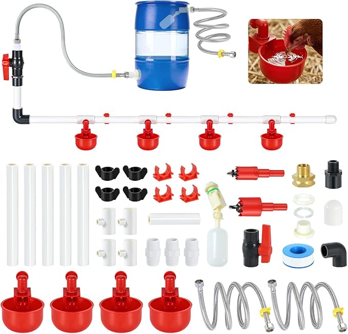 37 Pcs Automatic Chicken Waterer System Set, Chicken Watering System Kit with 4 Chicken Water Cups, Float Valve, Water System for Chickens Ducks Quail Poultry