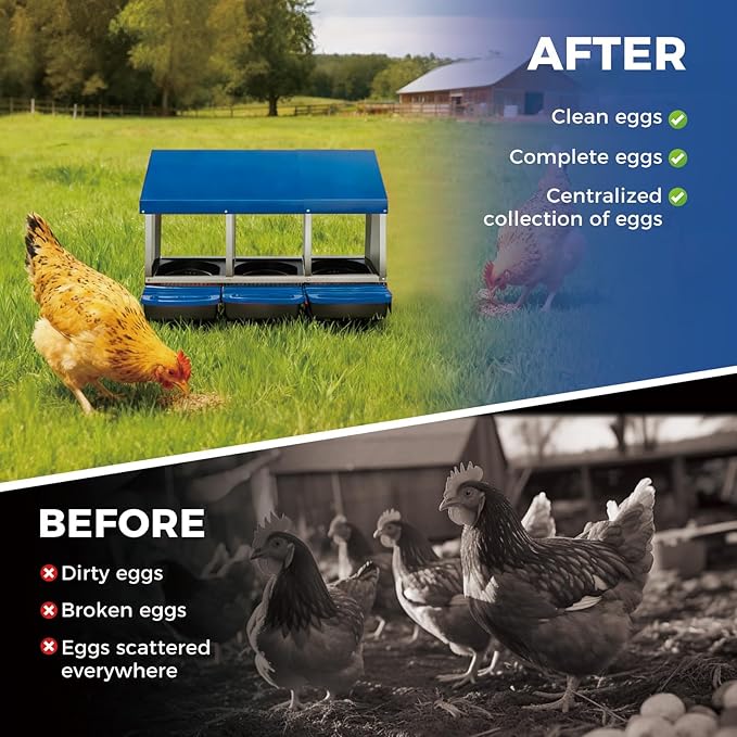 3 Compartment Metal Chicken Nesting Box, Automatic Roll-Out Egg Collection, Waterproof Galvanized Steel Laying Box with Perch & Wall Mount, for Hens Ducks Rabbits
