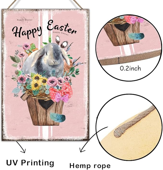 Happy Easter Flower Basket Bunny Wood Hanger Sign French Style Floral Pink Stripes Wood Wall Plaque Spring Farmhouse Decor Easter Bunny Rustic Signs for Home Office School 8x12in