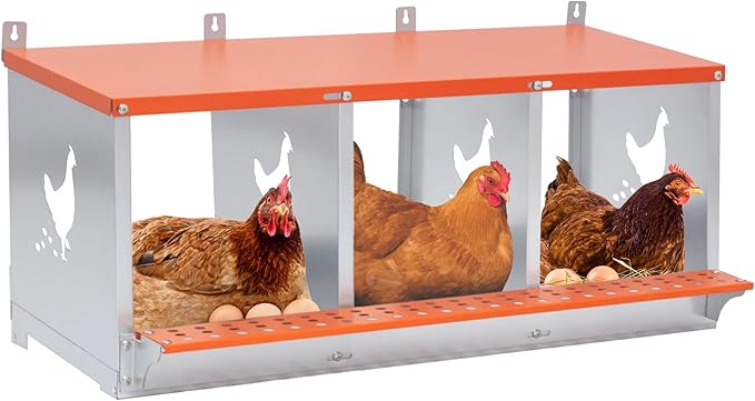 3/4/6/8/10 Holes Chicken Nesting Box for Chickens Hens Ducks, Metal Nesting Boxes for Chickens Wall Mount Egg Laying Nesting Boxes for Chicken (Orange, 3 Compartment)