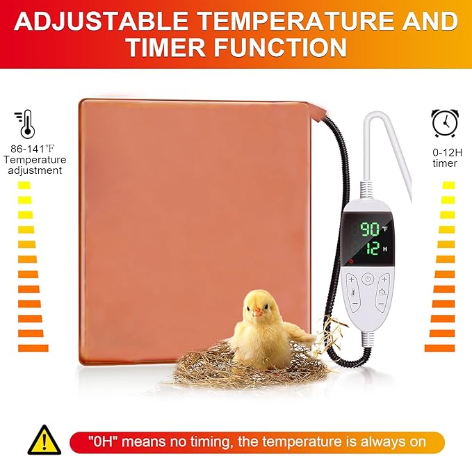 Chicken Heating Pad Baby Chicks Heater Mat Temperature and Timer Adjustable Led Display Chicken Warming Blanket Heated Mat with Anti Bite Cord Chick Brooder Heating Mat Orange 11.7" X 15.6"