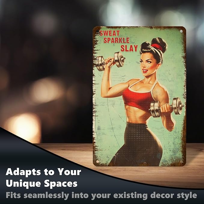 Fitness Girl with Dumbbells Motivational Wall Art Poster Sweat Sparkle Slay Tin Sign Gym Decor for Home & Office Decor Bedroom Bathroom Cafe 8x12Inch