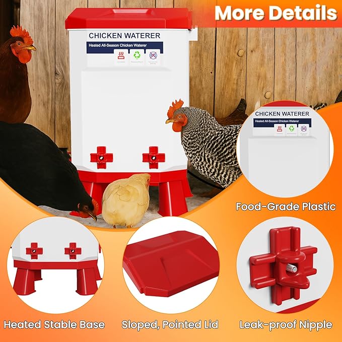 Nexum Heated Chicken Waterer - 3 Gallon Winter-Proof Poultry Drinker with Nipples and Stand, Auto Thermostat for Chickens, Ducks & Quail - Freeze-Resistant, Easy Fill (Red, 3 Gallon)