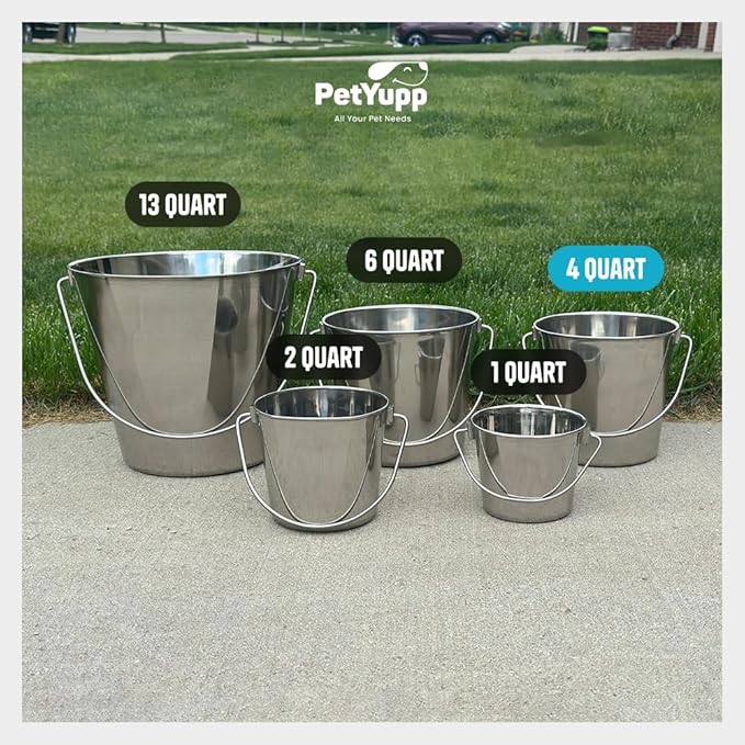 Heavy Duty Stainless Steel Bucket 1 Gallon - 4 Quart Flat Side Metal Bucket for Feeding & Watering Pets, Livestock & Cleaning - Perfect for Crates, Kennels, Cages & Hang on Fences