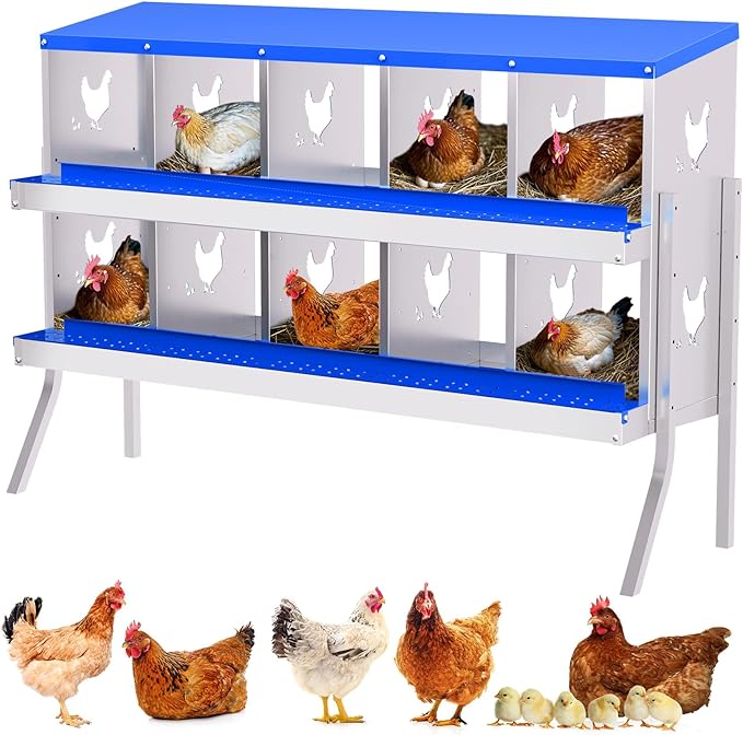 Chicken Nesting Boxes,10 Compartments Galvanized Steel Metal Laying Boxes with Leg,Pull-Out Egg Box Easy Egg Collection & Clean,Wall Mount Suitable for Farm Chicken House,Blue
