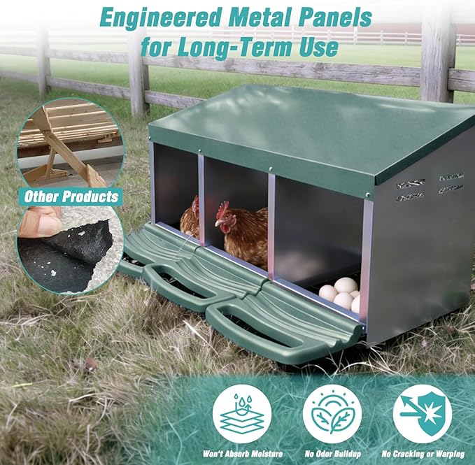 3-in-1 Roll Out Chicken Nesting Box with Removable Drawer – Green Metal Laying Nest for Hens, Easy Assemble, for Chicken Coop (Green)