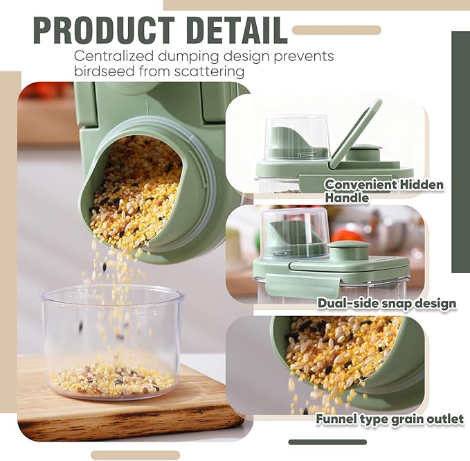 Maxdot 2 Pcs Bird Seed Storage Container 3 Qt/2.8 L with Tight Lids Airtight Cup Pet Food Storage Measuring Containers Lids with Pouring Spouts for Macaws African Grey Cockatoos (Green)