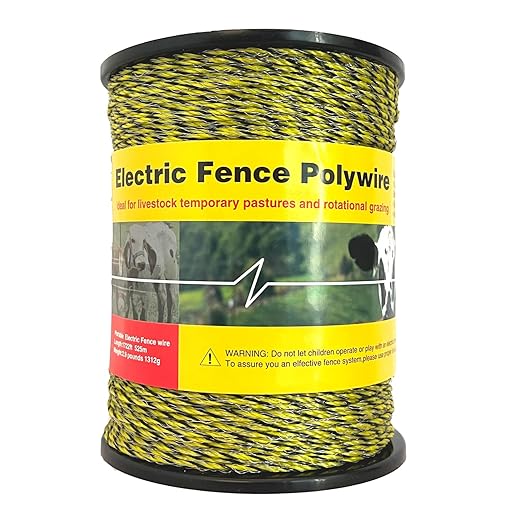 Upgraded Electric Fence Polywire 1722 Feet 525 Meters, 6 Stainless Steel Strands for Reliable Conductivity and Rust Resistance, Easy to Install,Portable Electric Fencing,Yellow and Black Color