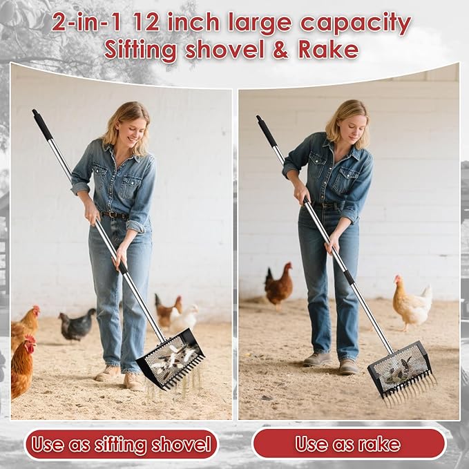 Chicken Poop Scooper & Rake 4-in-1, Metal Chicken Coop Scoop- Adjustable 23" to 66" Stainless Steel Handle, Sifting Litter Shovel for Chicken Coop, Goat Stall, Animal Farm, Stable Cleaning