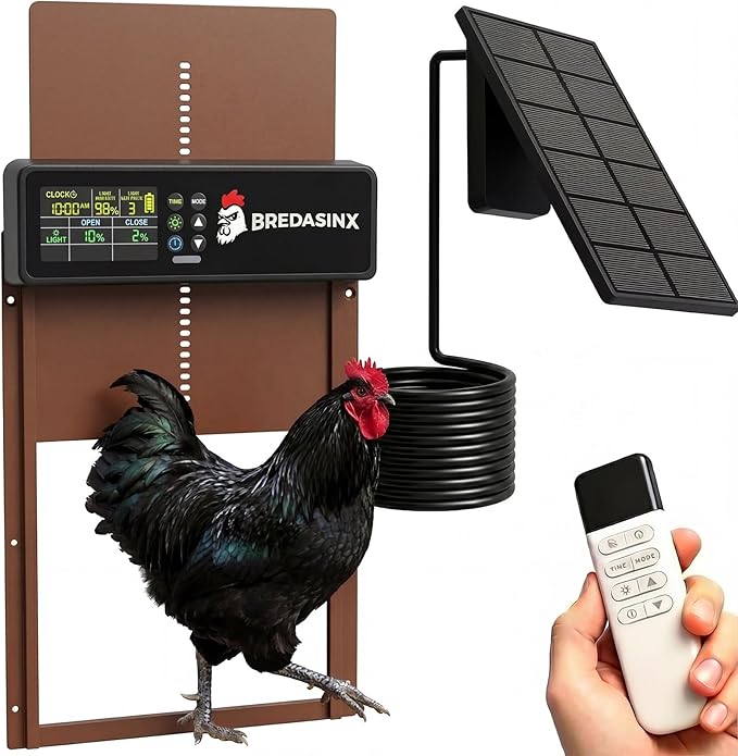 Automatic Chicken Coop Door Solar Powered with HD Screen, Timer & Light Sensor, 5 Modes, Aluminum Alloy, Remote Control Up to 70M