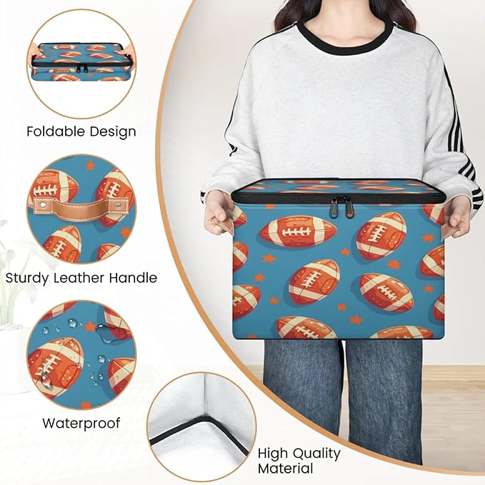 Storage Cubes with Lid Fabric Storage Bins Boxes PU Leather Handles, American Football Closet Organizer Container Foldable Washable Shelf Cloth Basket, Rugby Balls Sport