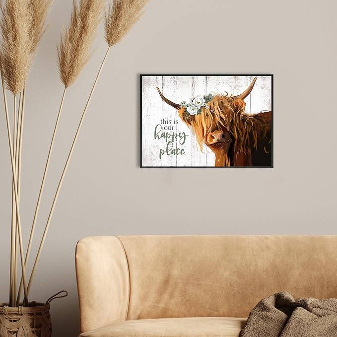 Highland Cow Decor Wall Art, Floral Farmhouse Cow Rustic Wall Decor, This is Our Happy Place Inspirational, Country Cattle Framed Painting for Living Room, Bedroom, Kitchen,Bathroom(10x14.5'')