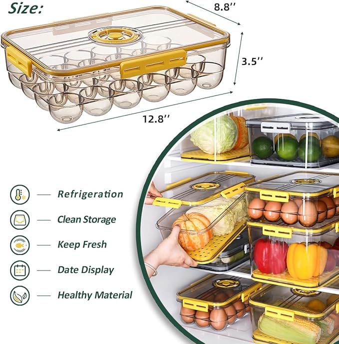 CottonColors Egg Holder for Fridge 24 Container for Refrigerator Organizer for Refrigerator Stackable Storage With Lids for Timer(2 pack)