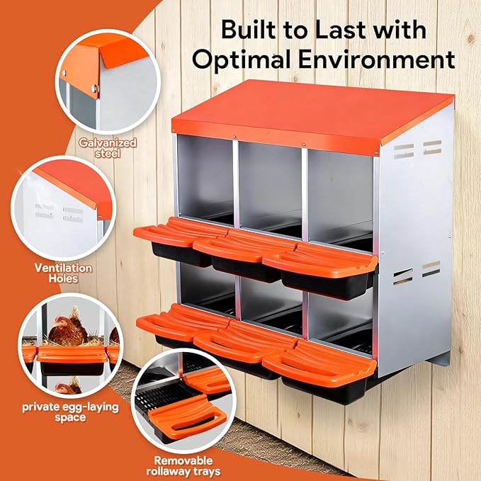 Chicken Nesting Boxes with 6 Cozy and Roll-Away Design - Chicken coop Nesting Boxes,Private Laying Spot & Enables Effortless Egg Collection (Orange)