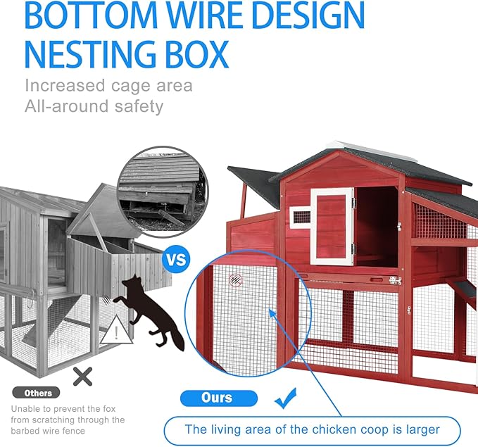 PetsCosset Chicken Coop Wooden Backyard Hen House - Indoor Outdoor for 2-3 Chickens, 2 Story Poultry Cage with Run, Chicken Nesting Box, Pull Out Trays and Anti-Slip Asphalt Ramp