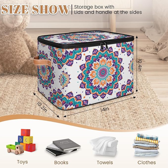 Floral Boho Storage Bins with Zipper Lid Fabric Storage Containers for Clothes Collapsible Closet Storage Basket with Metal Frame 2 Pack