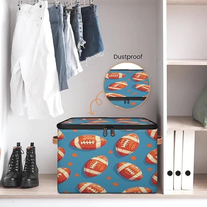 Storage Cubes with Lid Fabric Storage Bins Boxes PU Leather Handles, American Football Closet Organizer Container Foldable Washable Shelf Cloth Basket, Rugby Balls Sport