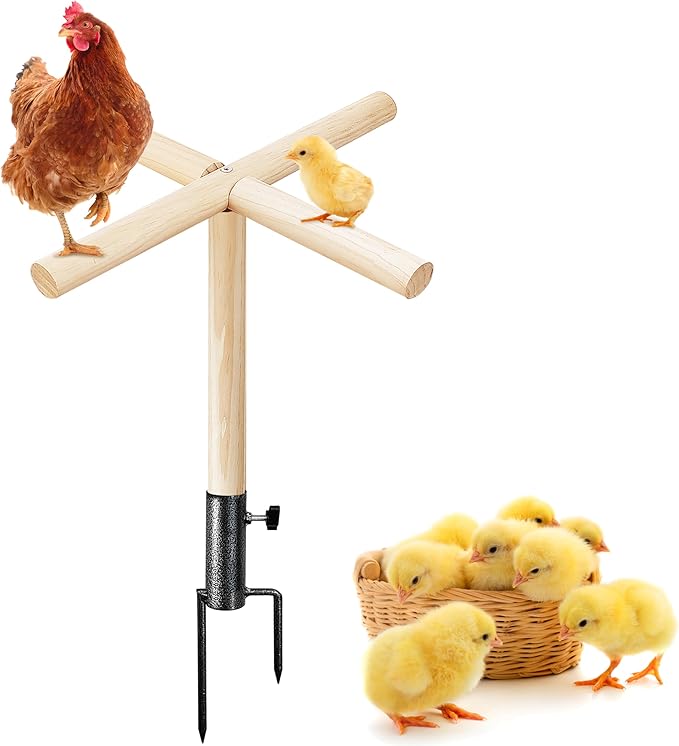 Chicken Perch Toy for Coop, Roosting Bars for Chickens in Coop, Wooden Chick Perch Stand with Metal Ground Plug, Chicken Run Toys, Chicken Coop Accessories