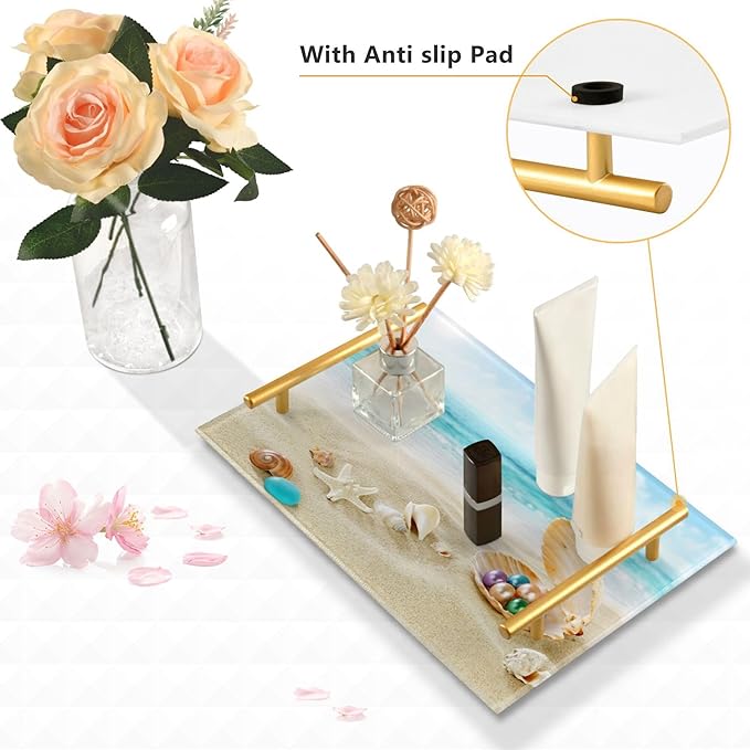 Bathroom Vanity Tray Counter Organizer, Beach Peals Decorative Tray with Handles Countertop Storage for Bathroom Bedroom Kitchen Home Farmhouse