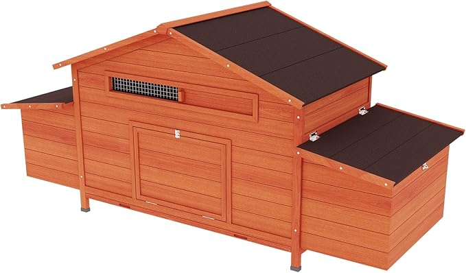 70" Large Wooden Chicken Coop for 4-6 Chickens,Hen House Poultry Pet Hutch Cage with 2 Side Nesting Boxes,2 Free-Range Doors and Leakproof Tray,Moisture Protection,Chicken Perch Inside,Brick Red