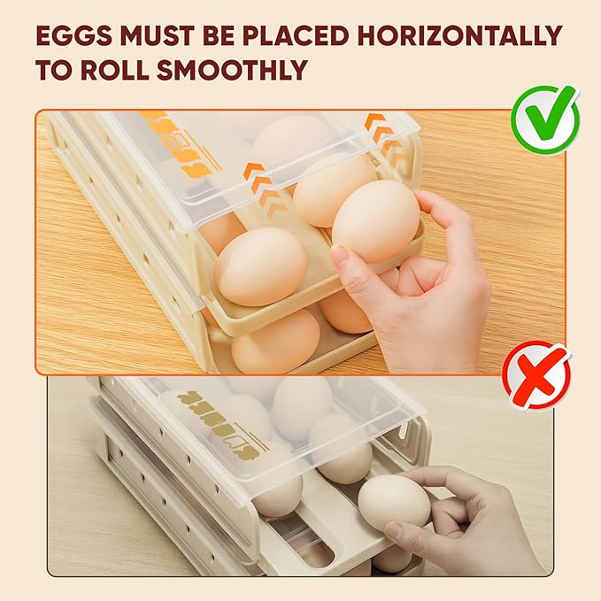 Automatic Rolling Egg Holder for Refrigerator, 2-Pack Stackable Egg Storage Containers, Smooth Glide Track, Steady Base & Dishwasher Safe