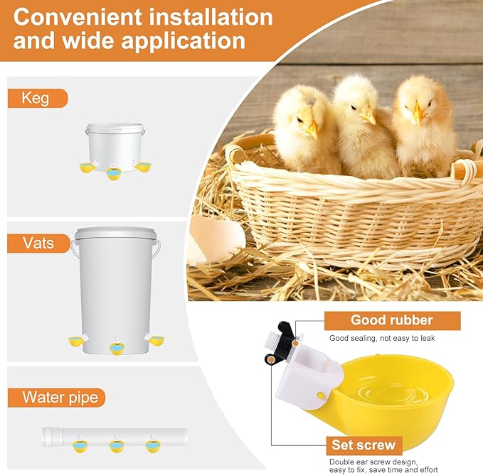 Chicken Waterer Cups (16 Pack/Yellow) - DIY Automatic Large Chicken Water Feeder for Ducks Quail and Various Poultry Dispenser with Matching Drill, Double Rubber Ring, Not Leaking Wate