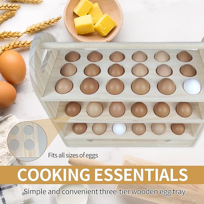 Wooden Egg Holder Countertop with Handle 3-tire Wooden Egg Tray Holds 54 Eggs Detachable Egg Storage Rack for Kitchen Farmhouse Decor