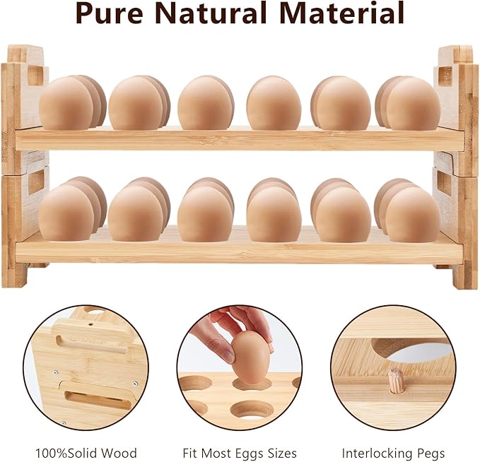 Bamboo Egg Holder Countertop - 2-Tier 18-Egg Stackable Organizer with Screwdriver, Farmhouse Kitchen Storage for Chicken/Duck Eggs