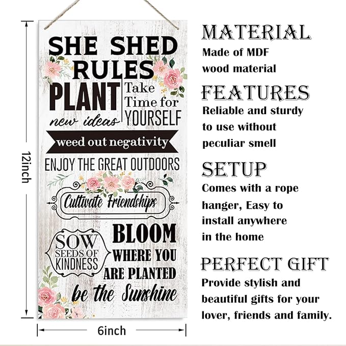 Inspirational Wood Sign, She Shed Rules Plant New Ideas Sign, Girls Room Decor, Bedroom Wall Decor, Office Decor, Decorative Wood Hanging Wood Plaque, Encouragement Gift for Her Women Friends