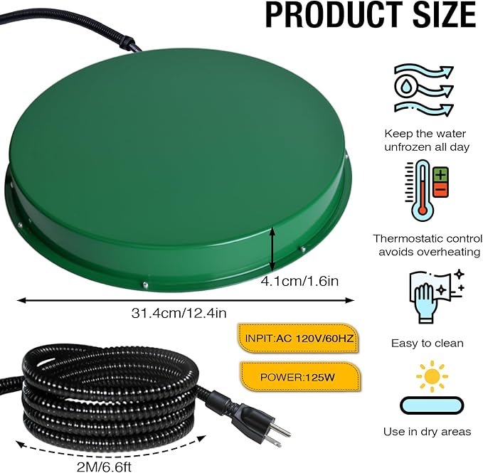 Chicken Water Heater for Winter 12.4", 125W Thermostat Chicken Drinker Heater Base for 3–5 Gal Metal Plastic Poultry Waterer, Water Heater for Chickens Duck with 6.6' Power Cord (Green,1PACK)