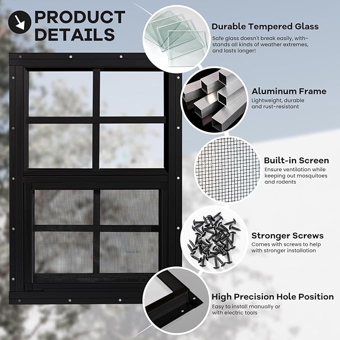 Shed Windows 2 Pack, Chicken Coop Windows 18" x 23" with Tempered Glass and Fiberglass Screen, Flush Mounted Small Window for Shed, Barns, Playhouse, Household, Garage (Black)