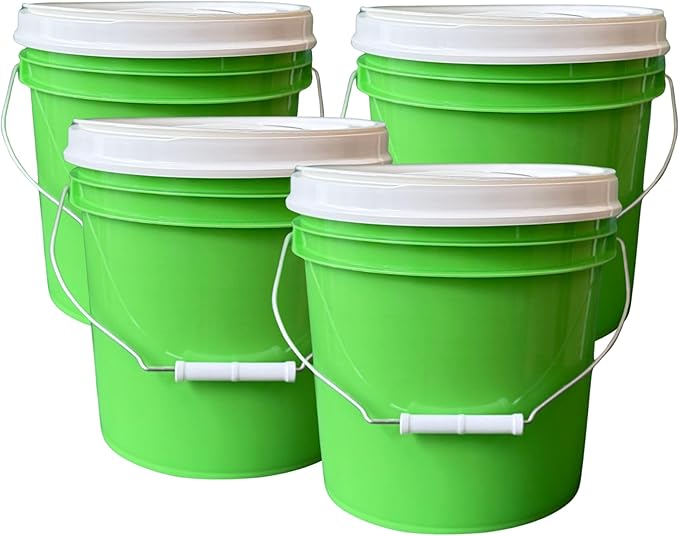 House Naturals 2 Gallon Food Grade - BPA Free Made in USA Buckets Lime Color pails with Screw On Gasket Lids (4, Lime - White lids)
