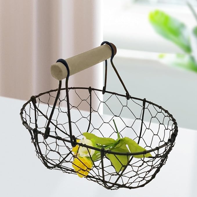 Wire Egg Basket with Wooden Handle Rustic Snack Basket Kitchen Storage Vintage Vegetables Basket for Farmhouse Decor- Coffee