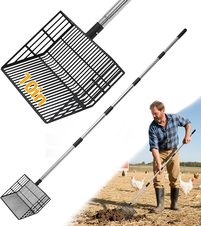 PUPTECK 5-in-1 Chicken Poop Scooper - Adjustable Long Handle Poop Scooper with Deep Shovel, Detachable Heavy Duty Shovel Multifunctional Chicken Cleaning Tool Coop Accessories(23"-68")