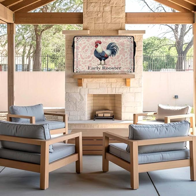 Waterproof Outdoor TV Cover 48 to 50 Inch, Farm Chicken Rooster on Vintage Linen Outside Flat Screen Televisions Weatherproof Cover Size 48"L x 30"H, Pink Flower Plant TV Protector With Zipper
