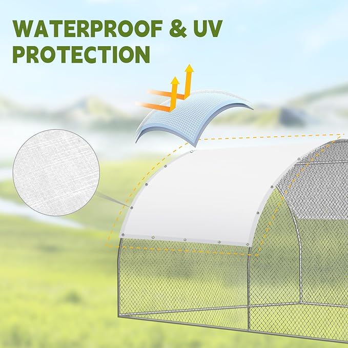 VitalCozy 2 Pcs Chicken Coop Cover Waterproof 14.5 x 6.6 ft Chicken Run Cover Coop Tarp Accessories for Winter with 50 Pcs Ball Bungees Cords for Outdoor (White)