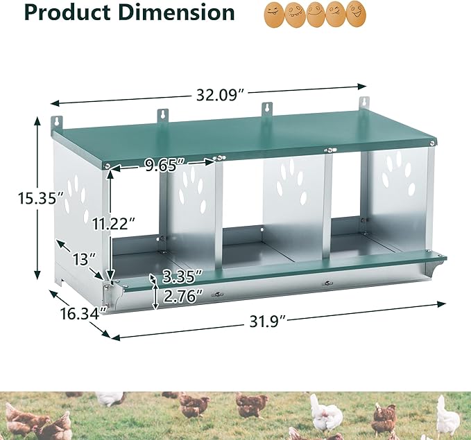 Chicken Nest Box, 3 Compartment Nesting Box, 3 Room Metal Nesting Boxes, Chicken Egg Laying Box Fit for Different Chicken Breeds