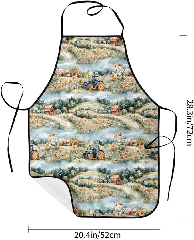 Chef Aprons for Men and Women - Village Flower Tractor Print Oil-Resistant Bib Aprons for Cooking or Grilling BBQ Kitchen