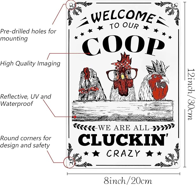 Chicken Signs 2 Pack-Metal Chicken Signs for Coop Funny Outdoor,Chicken Sign Decor for Farm Yard Fence 12x8inch