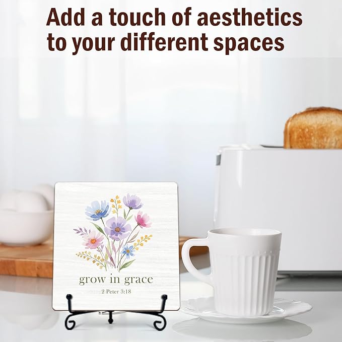 Religious Gifts for Women, 5 Inch Wildflower Bible Verse Decor, Inspirational Wooden Plaques for Home Office Sign, Grow In Grace Sign - A13