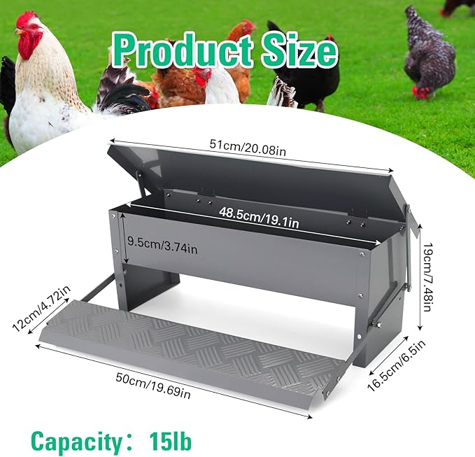 Automatic Chicken Feeder Metal Treadle Trough 15lb Outdoor Rainproof for Chickens, Bantams, Poultry, Pheasants