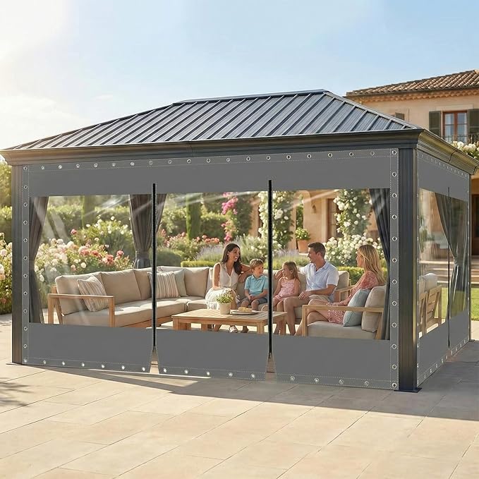 7(H) x 10(W) ft Clear Vinyl Curtains with Zippered Entry,21.16oz Heavy Duty Waterproof and Tear-Resistant Tarpaulin with Grommets,19.69 MIL Grey Transparent Tarp for Patio Gazebo Balcony Porch Pergola