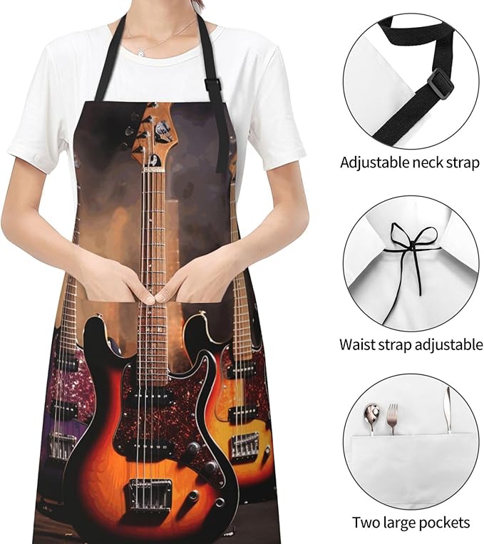 Waterproof Aprons for Women Men Adjustable Bib Cool Electric Guitar Apron Chef Cooking Aprons for Kitchen
