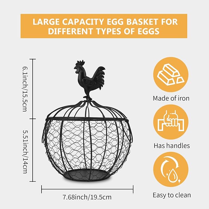 Wire Egg Basket for Gathering Fresh Eggs Collecting Basket With Handle, Decorative Egg Metal Basket for Counter, Fresh Chicken Egg Basket With Chicken Decorated Lid, Countertop Egg Fruit Storage