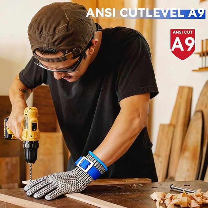 A9 Cut Resistant Chainmail Gloves – Stainless Steel Mesh Metal Glove with Adjustable Wrist Buckle & Nylon Liner Gloves