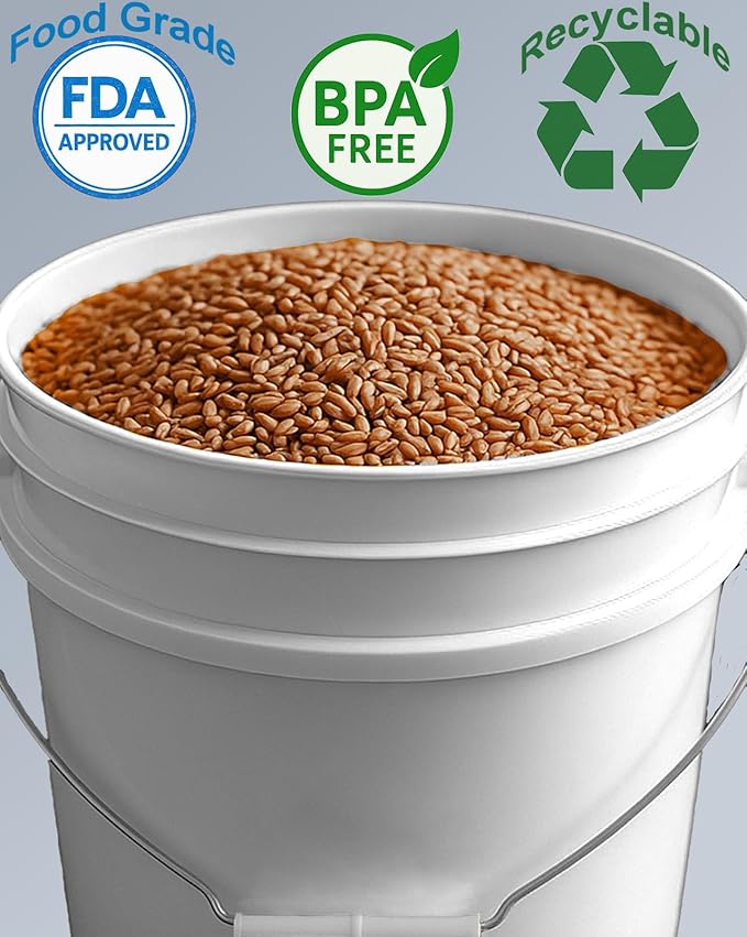 5-Gallon Bucket Only – No Lid Included, Made in USA, Food Grade BPA Free Plastic, Heavy Duty Multi-Use, Metal Handle with Grip, Stackable Storage – White, 6 Pack