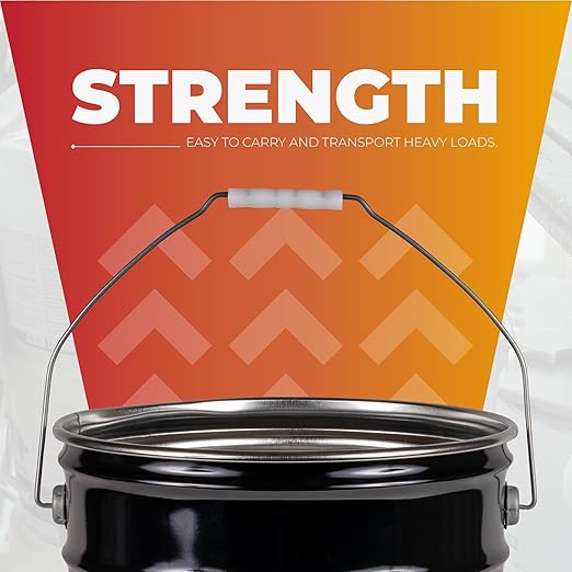 ATERET 5 Gallon Black Metal Bucket & Lever Lock Pail Lid - 6 Pack - Heavy Duty Durable Pails and Lids for Outdoor and Household Use