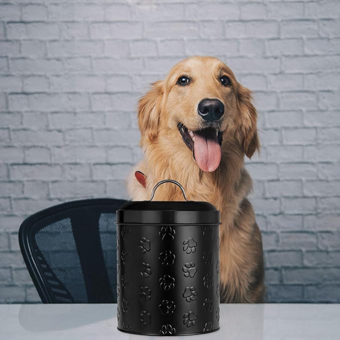 Amici Pet Puppy Paws Black Metal Canister with Embossed Paw Design - Large 140 oz Airtight Food Storage Jar for Wet or Dry Pet Foods - (8" H x 6" W) BPA Free Container for Organization