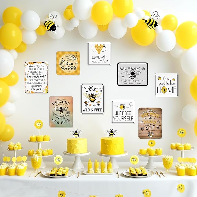 WERNNSAl 9PCS Bee Birthday Party Decorations - Honey Bee Signs Decoration for Kids Girls Farm Bee Birthday Party Funny Bumble Bee Hive Decor for Happy Bee Day Baby Shower Supplies Bee Sign Posters on Garden Home Yard Wall Decor
